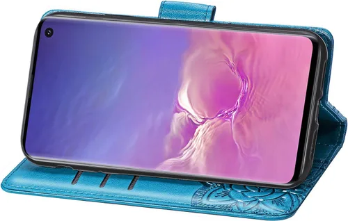 Miniatura 6 de Funda protectora de piel sintética para Samsung Galaxy S10e, con tapa para mujer, con correa para la muñeca, ranuras para tarjetas, bolsillo en Azul