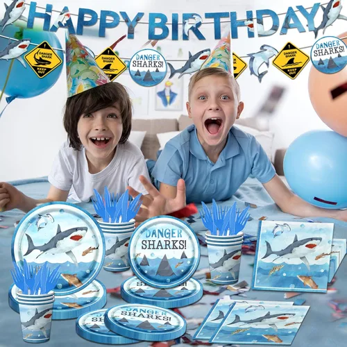 Miniatura 3 de Decoraciones de fiesta de cumpleaños de tiburón, juego de vajilla de 142 piezas de suministros de cumpleaños de tiburón, incluye platos