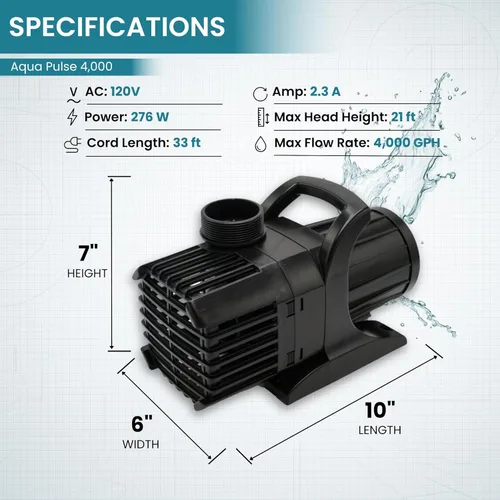 Miniatura 2 de HALF OFF PONDS - Bomba de agua sumergible de 4,000 GPH, bomba de estanque con cable de alimentación de 33 pies y altura máxima de 21 pies, bomba