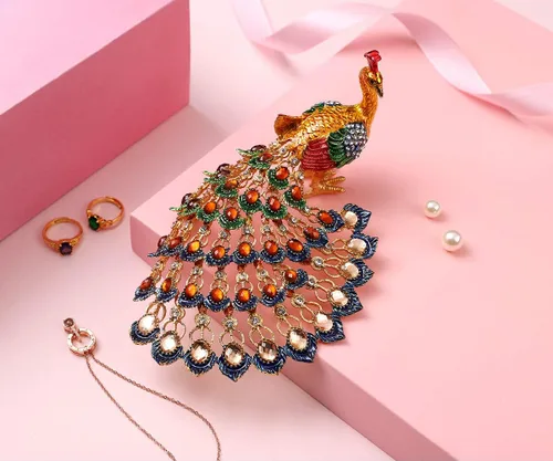Miniatura 4 de Joyero esmaltado con bisagras de pavo real, pintados a mano, adornos de animales, regalo artesanal para decoración del hogar (dorado)