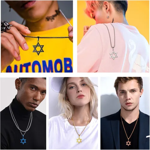 Miniatura 15 de U7 - Collar con Estrella de David para hombres y mujeres, dije hexagonal de acero inoxidable con cruz/piedra de rubí/collares clásicos judíos