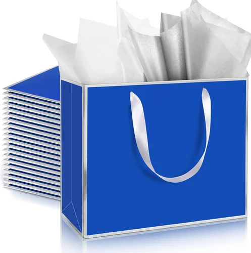 Miniatura 37 de ReliThick Paquete de 12 bolsas de regalo de papel metálico con asas y papel de seda de 11.8 x 10 x 4 pulgadas, bolsa de agradecimiento para Azul