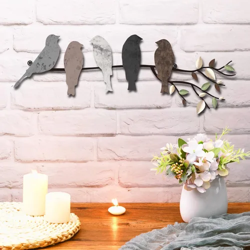 Miniatura 8 de Ferraycle Arte de pared de pájaro de metal, pájaros en rama con hojas, letrero de metal para colgar en la pared para balcón, jardín, decoración