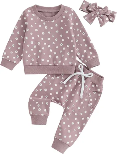 Miniatura 8 de Mandizy Conjunto de ropa de bebé niña otoño 3 6 9 12 18 24 meses sudadera de manga larga y pantalones con estampado floral y diadema