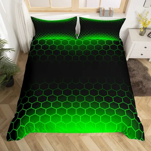 Miniatura 9 de Funda de edredón hexagonal verde estereoscópica de nido de abeja para niños, diseño geométrico de colmena, funda de edredón geométrica de panal