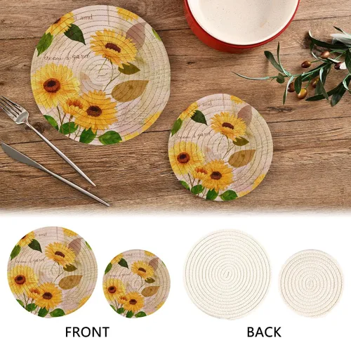 Miniatura 4 de Blueangle Juego de 2 agarraderas redondas tejidas de algodón trenzado de girasoles y girasoles amarillos, manteles de mesa para cocinar y hornear