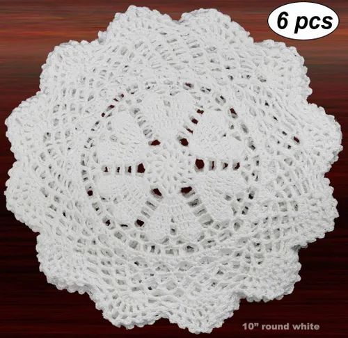 Miniatura 2 de Creative Linens Juego de 6 piezas redondas de encaje de ganchillo de algodón hechas a mano de 10 pulgadas con corazones blancos, juego de 6 piezas