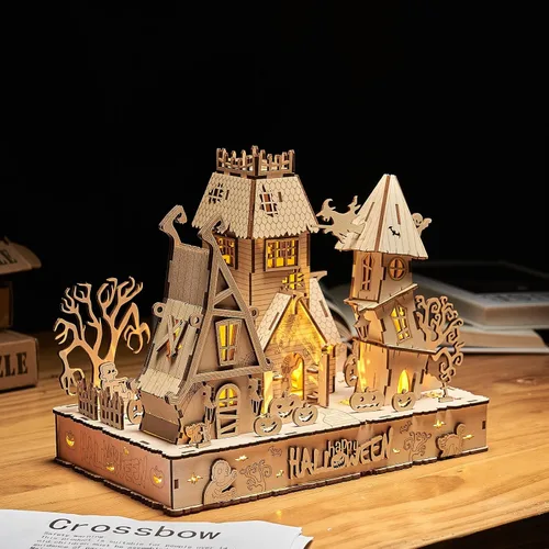 Miniatura 3 de Rompecabezas de madera 3D para Halloween, incluye tira de luz, rompecabezas y rompecabezas para Halloween/cumpleaños, regalos para adultos