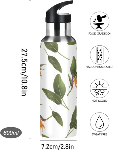 Miniatura 9 de Stainless Steel Vacuum Insulated Water Bottle 20 Oz, BPA-Free Sport Water Bottle for Gym Outdoor Travel School, Orange Flowers Green Leaves