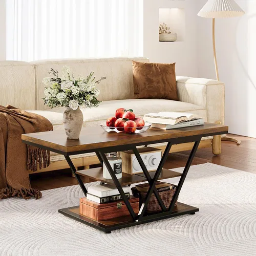 Miniatura 9 de Espelism Mesa de centro industrial con almacenamiento de 3 niveles para sala de estar, mesa rectangular de madera para cóctel, mesa de té rústica