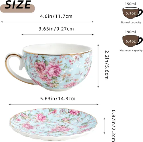Miniatura 2 de Agyiuns Taza de té y platillos, tazas de té floral de 6.4 onzas con borde dorado, taza de té de porcelana, tazas de café capuchino espresso con Azul