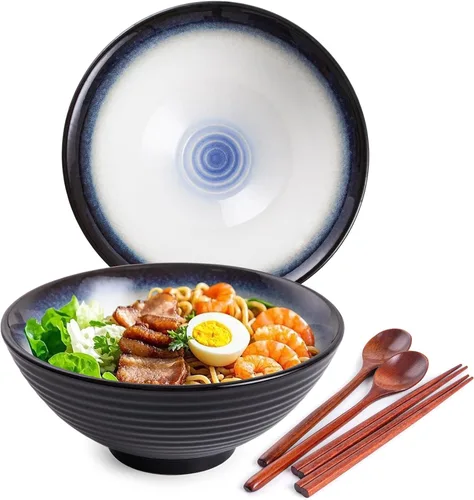 Juego de cuencos de cerámica japoneses para ramen, 2 juegos de cuencos asiáticos para fideos para sopa Pho Udon con cucharas y palillos (negro/azul,