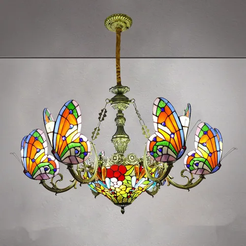 Miniatura 8 de Tiffany Style Candelabros con 7 luces de vidrieras de mariposa colgante con 6 pantallas de lámpara de mariposa, lámparas colgantes de techo rústicas