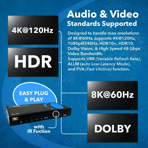 Miniatura 7 de OREI 8K 4x1 HDMI 2.1 Switch 4K @ 120hz Switcher 4 en 1 Salida, compatible con HDR, HDR10, Dolby Vision, HLG 48Gbps para Xbox Series X PS5 Roku Fire