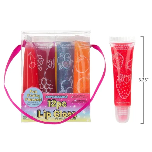Miniatura 6 de EXPRESSIONS Juego de 12 brillos de labios saborizados a granel Tubos de compresión no tóxicos, seguros para niños para recuerdos de fiesta