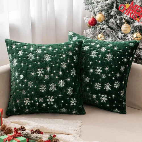 Miniatura 27 de MIULEE - Juego de 2 fundas de cojín decorativas de Navidad, hechas de piel sintética suave con copos de nieve plateados y brillantina, para Verde