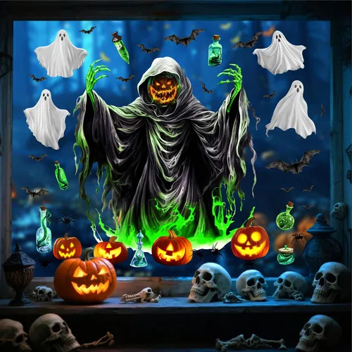 Miniatura 13 de Barri Design Calcomanías de pared de murciélago de Halloween, árbol de luna, bruja, calcomanías de pared extraíbles para Halloween, calcomanías