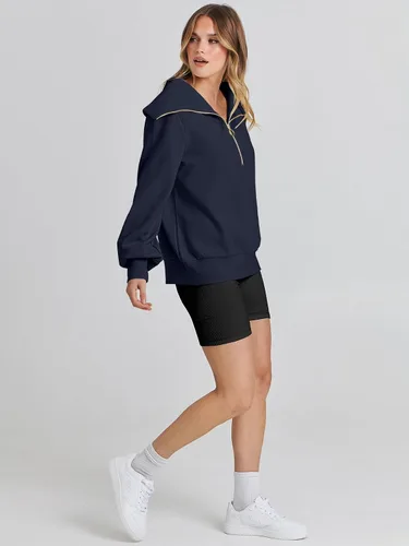 Miniatura 7 de ANRABESS Sudadera de manga larga con cremallera de un cuarto para mujer, sudadera de manga larga con media cremallera, moda 2024