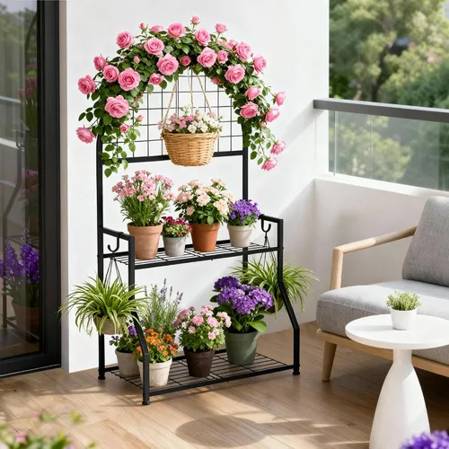 Miniatura 3 de VGMiu Soporte para plantas de 2 niveles para interiores y exteriores, soporte de exhibición de plantas de metal para múltiples plantas, soporte