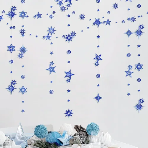 Miniatura 7 de Cheerland Guirnalda de Purpurina de Estrella y Luna Azul Decoraciones de Fiesta País de las Maravillas Invernal Baby Shower Serpentinas al Aire