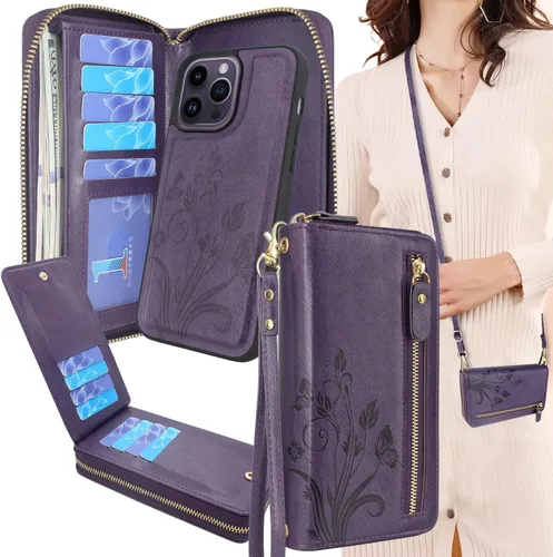 Funda compatible con iPhone 14 PRO MAX de 6.7 pulgadas 2022, funda cruzada con doble cremallera, desmontable, magnética, de cuero, funda para