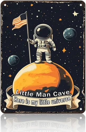 Letrero de astronauta espacial de la cueva de Little Man, divertido letrero de metal para decoración de pared para el hogar, bar, cafetería, cocina,