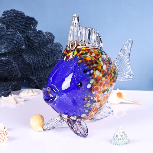 Miniatura 3 de Figuras grandes de peces de vidrio soplado a mano, arte de vidrio marino para acuario, escultura de estatua de pez azul y naranja, acento costero