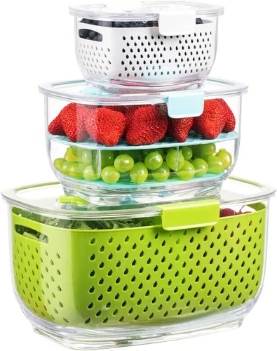 LUXEAR Juego de 3 unidades de contenedores de almacenamiento de frutas y vegetales frescos, contenedor de almacenamiento de refrigerador sin BPA,