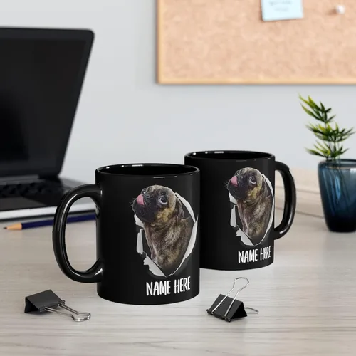 Miniatura 4 de Divertida taza de café personalizada con nombre personalizado de Pug Brindle, regalos de Navidad 2025, tazas de cerámica, color negro, 11 onzas