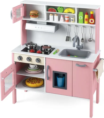 Costzon Juego de cocina para niños, juego de cocina de madera con sonido, microondas, horno, máquina de hielo, campana extractora, estufas,