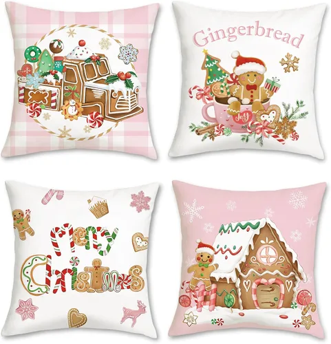 Miniatura 8 de Bonhause Fundas de Cojines Decorativos Navideñas de Pan de Jengibre 18x18 Pulgadas Hombre Casa Camión Panadería Navideña Almohadas Decorativas