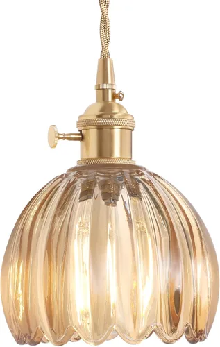 Shenmoyl Lámpara colgante con pantalla de cristal de tulipán ámbar, lámpara colgante vintage de latón, luz colgante ajustable para cocina, isla,