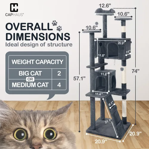 Miniatura 2 de CAPHAUS Torre para Gatos de Interior con Juguete de Varita para Gatos, Moderno y Lindo Árbol para Gatos de 74 Pulgadas con Percha Ampliada para Gris