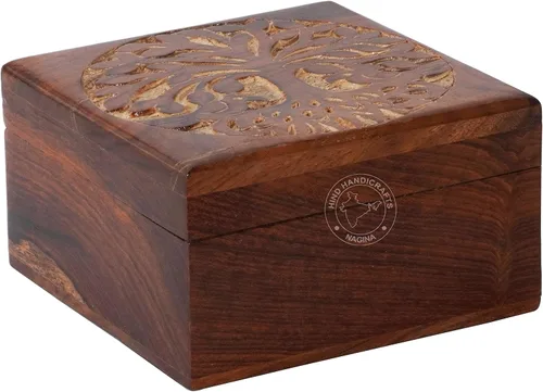 Miniatura 44 de Urna de madera antigua hecha a mano con grabado del árbol de la vida tallada a mano para mujeres y hombres, joyas Acentos de decoración del hogar