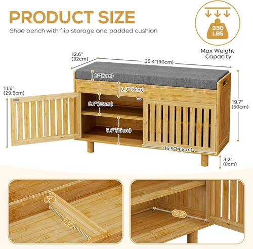 Miniatura 2 de Banco de almacenamiento de zapatos, banco de entrada de bambú con 2 puertas y cojín de asiento acolchado, 35.4" An x 12.6" Pr x 19.7" Al, zapatero