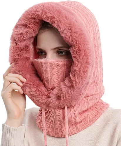 Miniatura 2 de Gorro de forro polar holgado de una pieza para mujer, bufanda con cordón, cálido, con capucha, pasamontañas de invierno