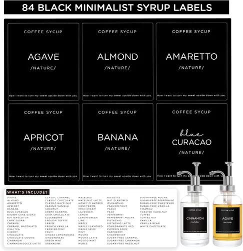Joyfulmap - 84 etiquetas de jarabe de café, 2.35 x 2.55 pulgadas, etiqueta minimalista para accesorios de barra de café, vinilo impermeable,