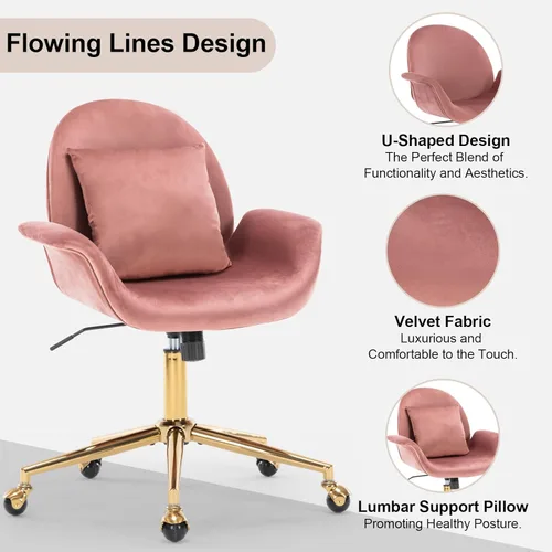Miniatura 3 de Silla de escritorio de terciopelo rosa para oficina en casa con base dorada para mujeres y niñas, silla giratoria de maquillaje con almohada, silla