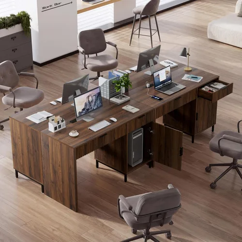 Miniatura 6 de Escritorio de oficina de 47 pulgadas con cajones estriados, escritorio de madera para el hogar con gabinete de almacenamiento, estación de carga