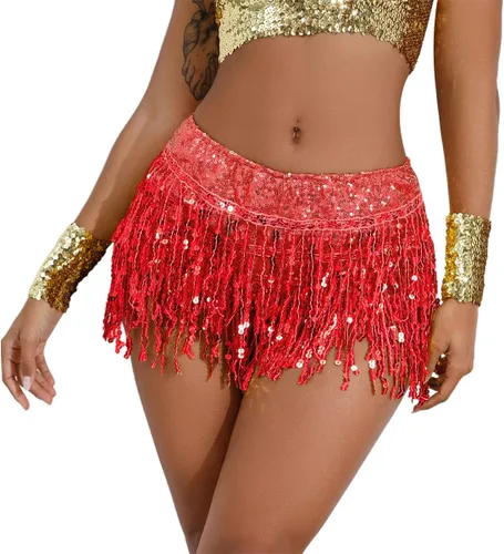 IWEMEK Falda de cadera para danza del vientre, faldas con borlas de lentejuelas, pantalones cortos para festivales de baile, falda de lentejuelas