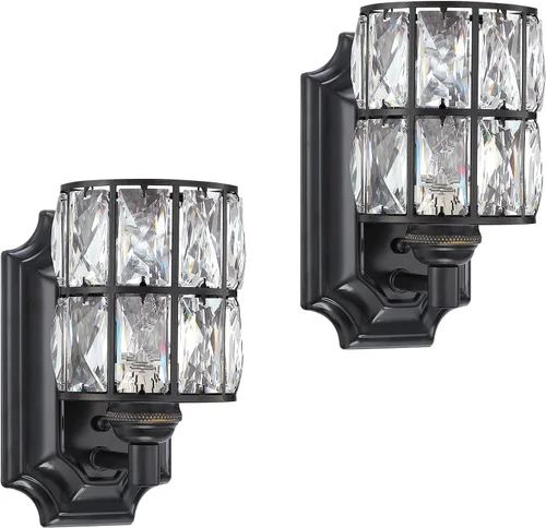 Paquete de 2 lámparas de pared de cristal con acabado negro, lámpara de pared de estilo moderno y conciso, pantalla de cristal poliédrico para baño,