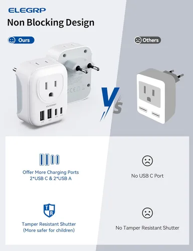 Miniatura 5 de ELEGRP Adaptador de enchufe de viaje europeo, convertidor de adaptador de enchufe de EE. UU. a Europa con dos puertos USB-A y dos puertos USB-C