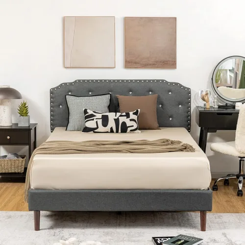 Miniatura 7 de Giantex Base de cama tapizada con cabecera ajustable, base de cama con plataforma suave capitonada de cristal con listones de madera, base