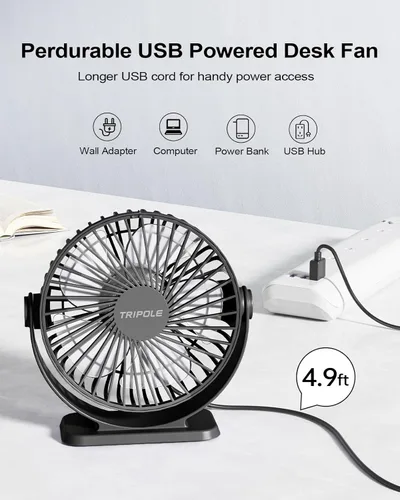 Miniatura 3 de TriPole Ventilador de escritorio pequeño alimentado por USB, ventilador portátil de 3 velocidades, mini ventilador de flujo de aire fuerte, rotación