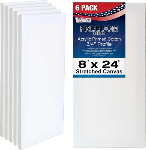 U.S. Art Supply Lienzos estirados de 8 x 24 pulgadas para pintar, imprimado triple de 12 onzas, paquete de 6 unidades, perfil blanco en blanco de