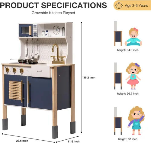 Miniatura 2 de ROBUD Juego de cocina, juego de cocina de madera para niños con sonidos y luces, juego de cocina de juego de simulación para niños pequeños, regalo