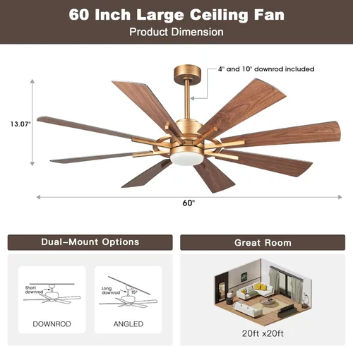 Miniatura 8 de Ventiladores de techo dorados de 60 pulgadas con luces y control remoto, modernos ventiladores de techo grandes para exteriores, para patios, motor
