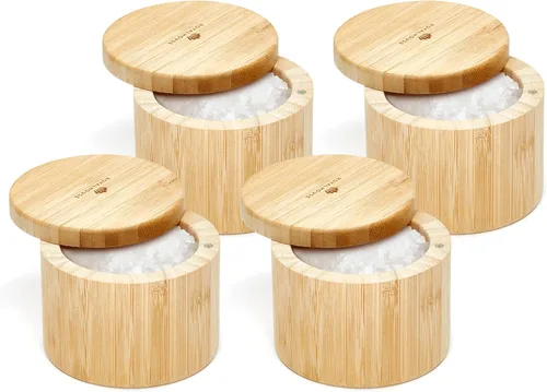 Miniatura 9 de RoyalHouse Soporte para sal y pimienta de bambú natural de 6 onzas con tapa de bambú, bodega de sal con tapa giratoria magnética, caja