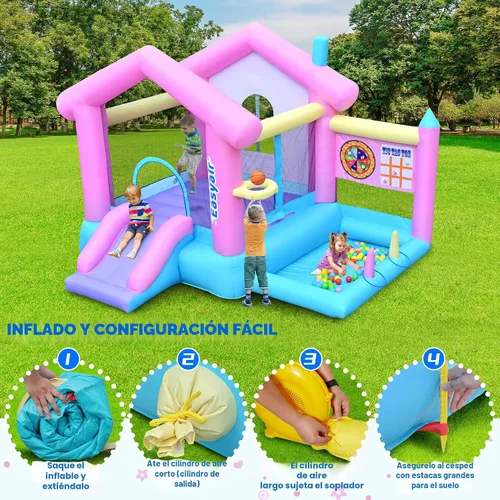Miniatura 6 de Casa inflable para saltar para niños de 3 a 10 años, castillo hinchable de 123" L x 110", para saltar, con tobogán, aro de baloncesto, fosos