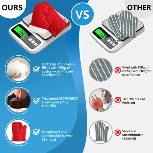 Miniatura 3 de Juego de 4 guantes para horno y soportes para ollas, resistentes al calor, 500 grados, extra gruesos, largos, de algodón, para cocina